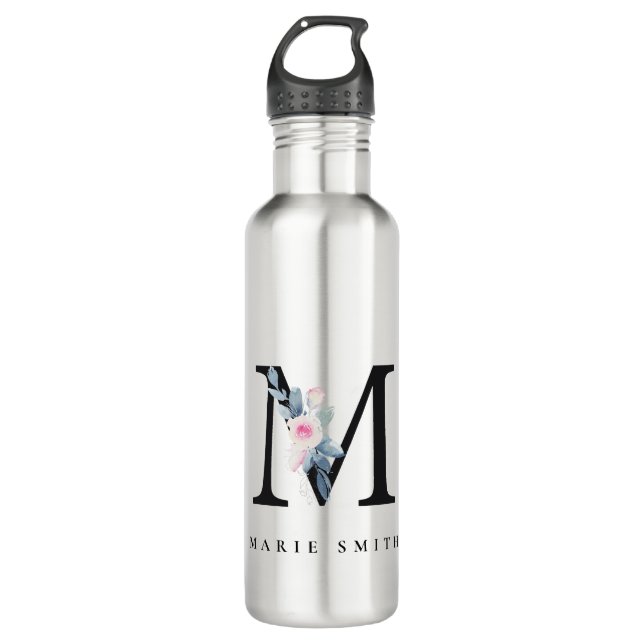 SOFT BLUSH BLUE FLORAL ALPHABETS NAME LETTER M 710 ML WATER BOTTLE (Front)