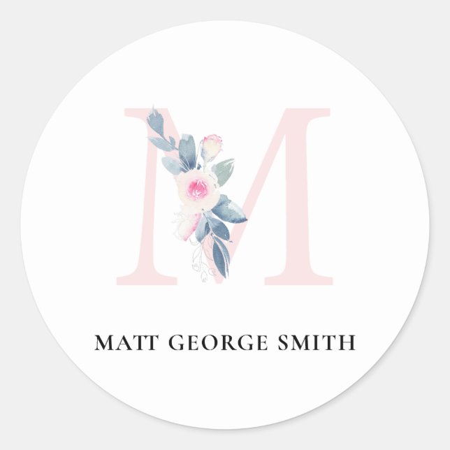 SOFT BLUSH BLUE FLORAL ALPHABETS NAME LETTER M CLASSIC ROUND STICKER (Front)