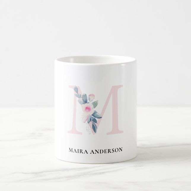 SOFT BLUSH BLUE FLORAL ALPHABETS NAME LETTER M COFFEE MUG (Center)