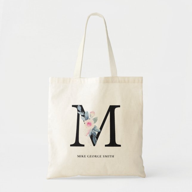 SOFT BLUSH BLUE FLORAL ALPHABETS NAME LETTER M TOTE BAG (Front)