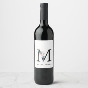 SOFT BLUSH BLUE FLORAL ALPHABETS NAME LETTER M WINE LABEL