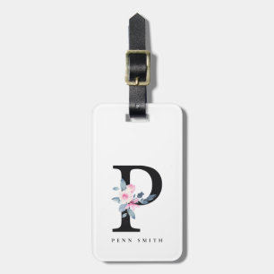 SOFT BLUSH BLUE FLORAL ALPHABETS NAME LETTER P LUGGAGE TAG