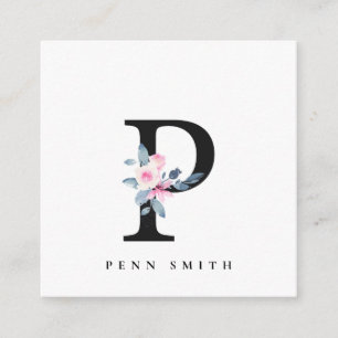 SOFT BLUSH BLUE FLORAL ALPHABETS NAME LETTER P SQUARE BUSINESS CARD