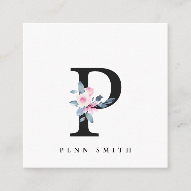 SOFT BLUSH BLUE FLORAL ALPHABETS NAME LETTER P SQUARE BUSINESS CARD (Front)