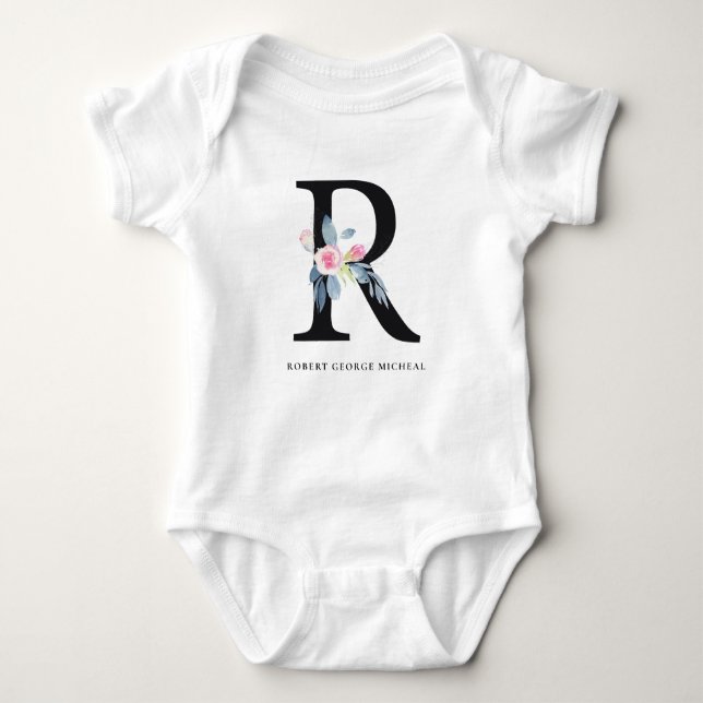 SOFT BLUSH BLUE FLORAL ALPHABETS NAME LETTER R BABY BODYSUIT (Front)