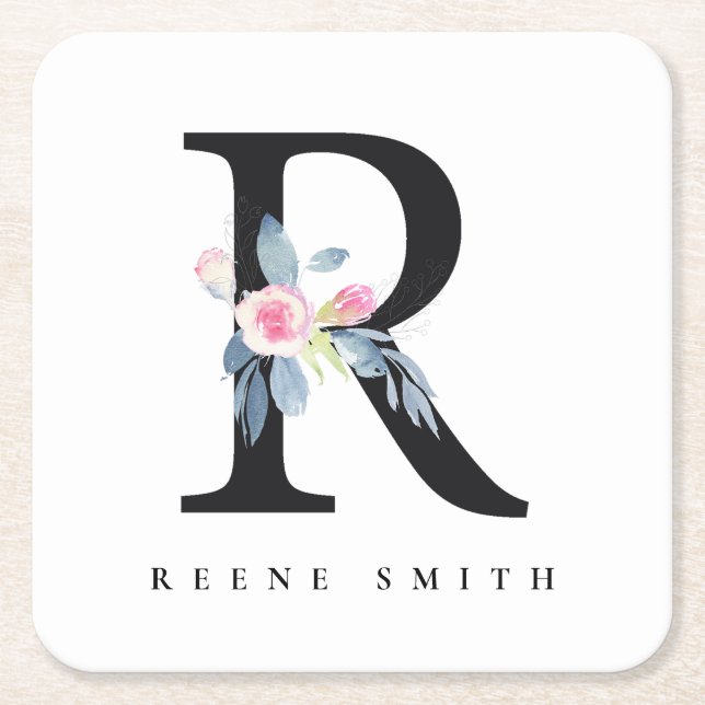 SOFT BLUSH BLUE FLORAL ALPHABETS NAME LETTER R SQUARE PAPER COASTER (Front)