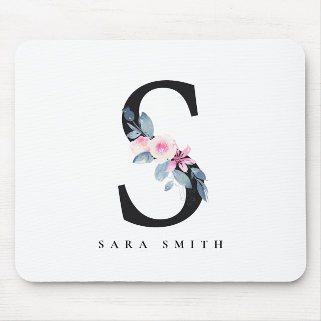 SOFT BLUSH BLUE FLORAL ALPHABETS NAME LETTER S MOUSE PAD (Front)