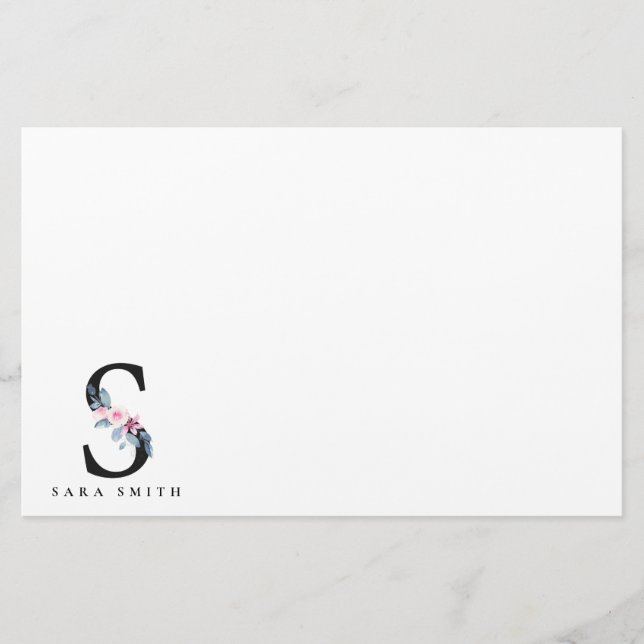 SOFT BLUSH BLUE FLORAL ALPHABETS NAME LETTER S STATIONERY (Front)