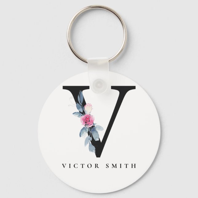SOFT BLUSH BLUE FLORAL ALPHABETS NAME LETTER V KEY RING (Front)