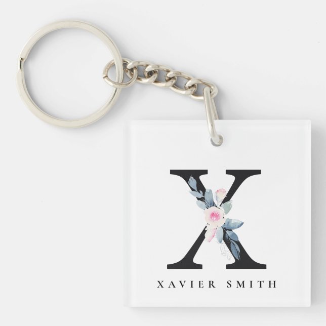 SOFT BLUSH BLUE FLORAL ALPHABETS NAME LETTER X KEY RING (Front)