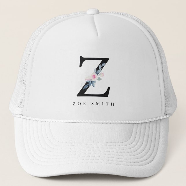 SOFT BLUSH BLUE FLORAL ALPHABETS NAME LETTER Z TRUCKER HAT (Front)