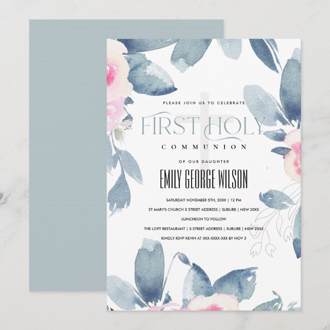 SOFT BLUSH BLUE FLORAL BUNCH FIRST HOLY COMMUNION INVITATION (Front/Back)