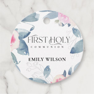SOFT BLUSH BLUE FLORAL FRAME FIRST HOLY COMMUNION FAVOUR TAGS