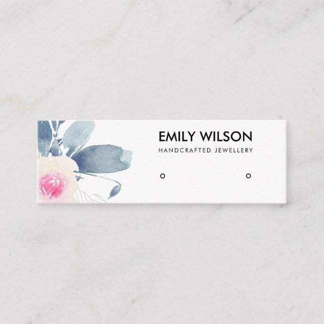 SOFT BLUSH BLUE FLORAL STUD EARRING DISPLAY LOGO MINI BUSINESS CARD (Front)
