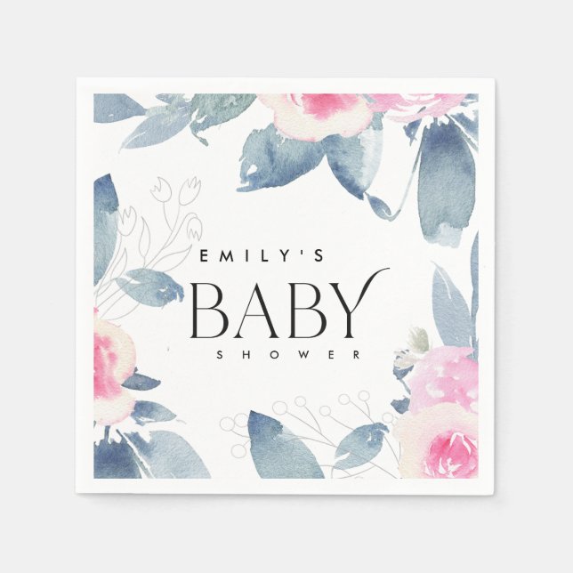 SOFT BLUSH BLUE FLORAL WATERCOLOR BABY SHOWER NAPKIN (Front)