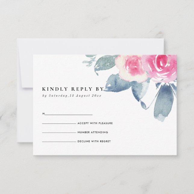 SOFT BLUSH BLUE FLORAL WATERCOLOR WREATH RSVP CARD (Front)