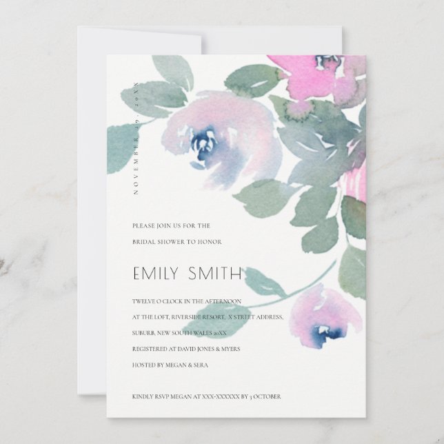 SOFT BLUSH BLUE GREEN FLORAL BRIDAL SHOWER INVITE (Front)