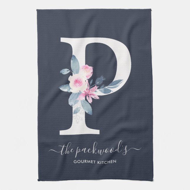 SOFT BLUSH BLUE NAVY FLORAL ALPHABETS LETTER P TEA TOWEL (Vertical)