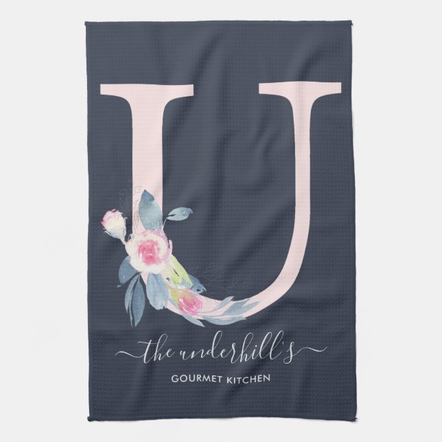 SOFT BLUSH BLUE NAVY FLORAL ALPHABETS LETTER U TEA TOWEL (Vertical)