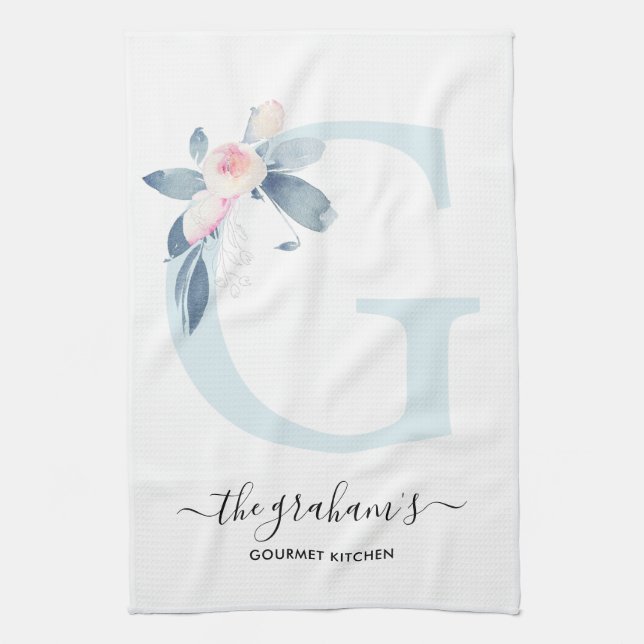 SOFT BLUSH BLUE WHITE FLORAL ALPHABETS LETTER G TEA TOWEL (Vertical)