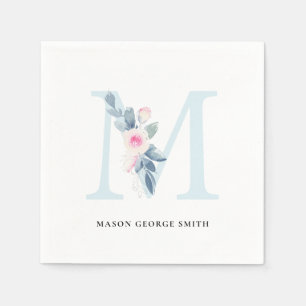 SOFT BLUSH BLUE WHITE FLORAL ALPHABETS LETTER M NAPKIN