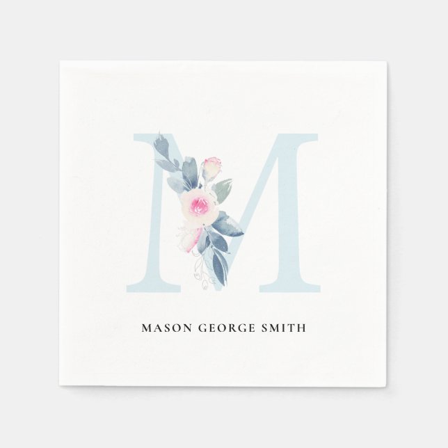SOFT BLUSH BLUE WHITE FLORAL ALPHABETS LETTER M NAPKIN (Front)