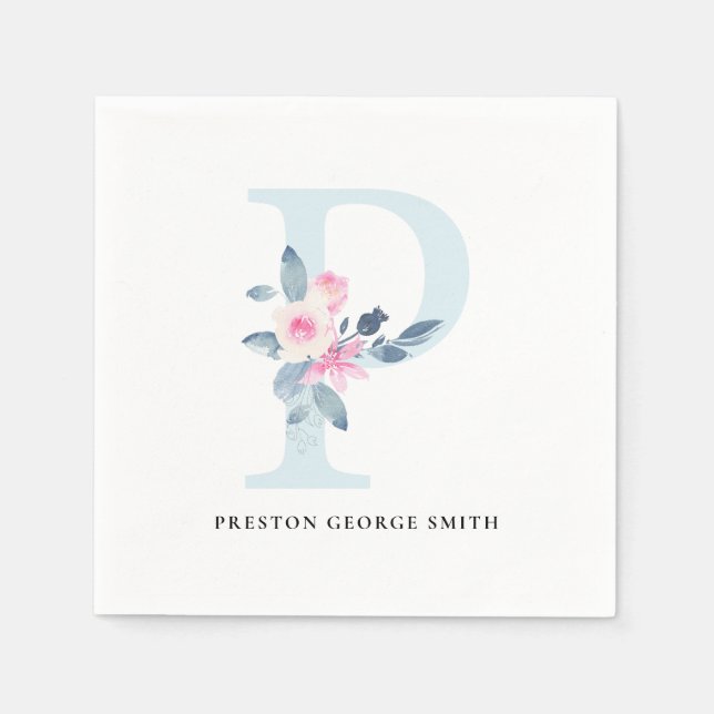SOFT BLUSH BLUE WHITE FLORAL ALPHABETS LETTER P NAPKIN (Front)