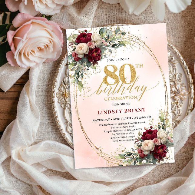 Soft Blush Boho Floral 80th Birthday Party Invitе Invitation (Soft Blush Boho Floral 80th Birthday Party Invitation)