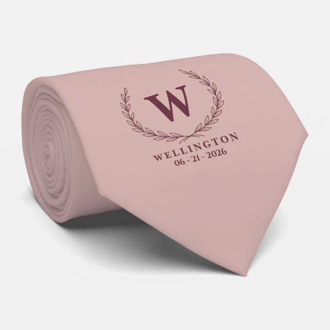Soft Blush Burgundy Laurel Monogram Wedding Date Tie (Rolled)