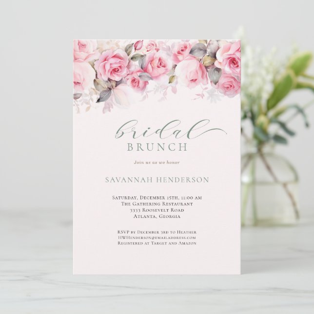Soft Blush Floral Bridal Shower Brunch Editable  Invitation (Standing Front)