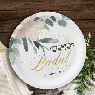 SOFT BLUSH FLORAL BUNCH WATERCOLOR BRIDAL SHOWER PAPER PLATE