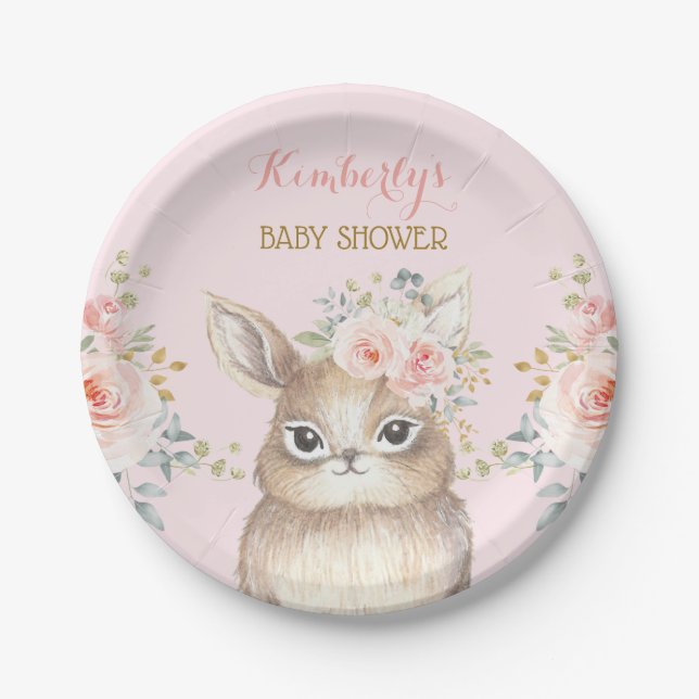 Soft Blush Floral Bunny Rabbit Baby Shower Favours Paper Plate (Front)