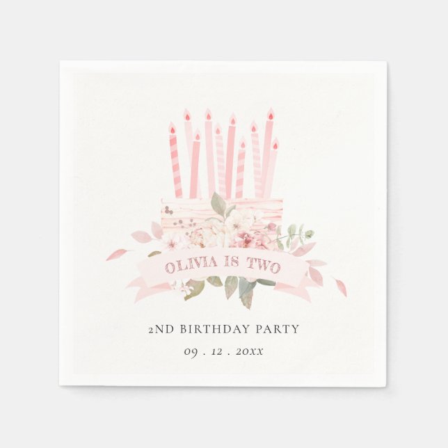Soft Blush Floral Cake Candles Any Age Birthday Napkin (Front)