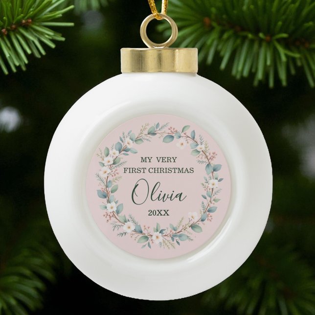Soft Blush Floral Frame Baby’s First Christmas Ceramic Ball Christmas Ornament (Creator Uploaded)