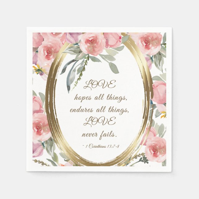 Soft Blush Floral Gold Frame Bible Verse Wedding Napkin (Front)