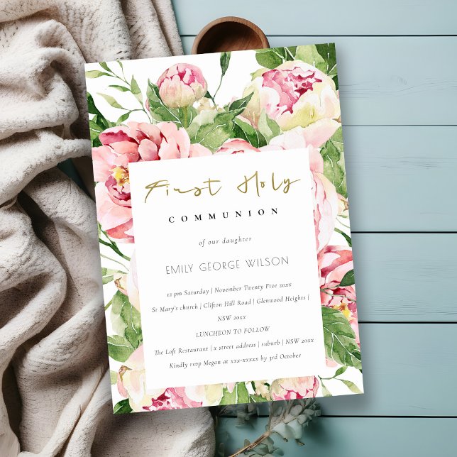 Soft Blush Floral Peony First Holy Communion Invitation (Creator Uploaded)