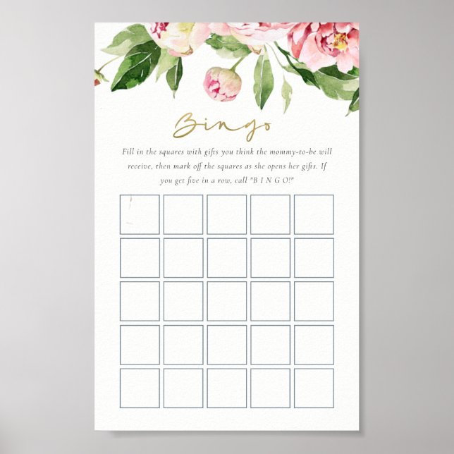 Soft Blush Floral Peony Watercolor Bingo Game  Poster (Front)