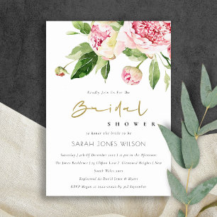 Soft Blush Floral Peony Watercolor Bridal Shower  Invitation