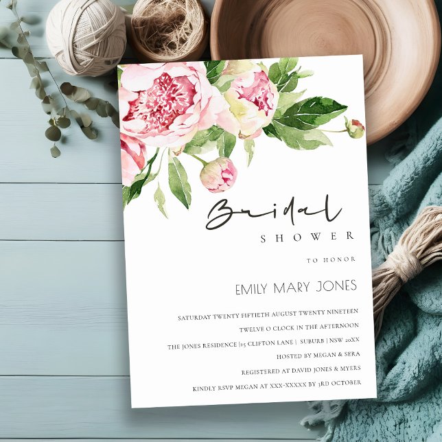 Soft Blush Floral Peony Watercolor Bridal Shower Invitation (Creator Uploaded)