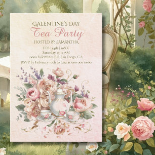 Soft Blush Floral Tea Galentine Party Vintage Invitation