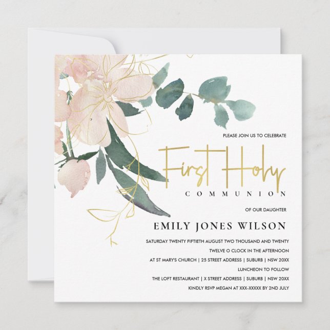 SOFT BLUSH FLORAL WATERCOLOR FIRST HOLY COMMUNION INVITATION (Front)