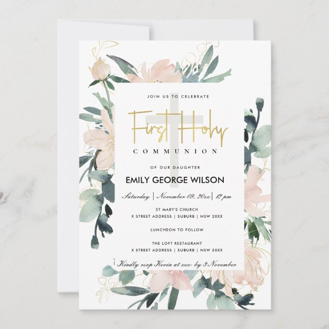 SOFT BLUSH FLORAL WATERCOLOR FIRST HOLY COMMUNION INVITATION (Front)