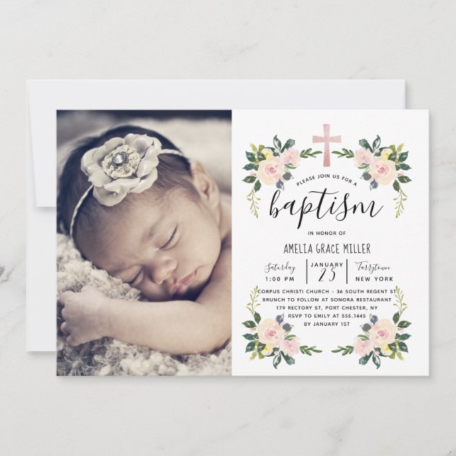Soft Blush Florals Modern Baptism Photo Invitation (Front)