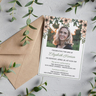 Soft Blush Flowers Photo Celebration of Life Invitation