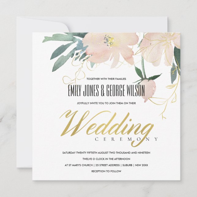 SOFT BLUSH GOLD FLORAL BUNCH WATERCOLOR WEDDING INVITATION (Front)
