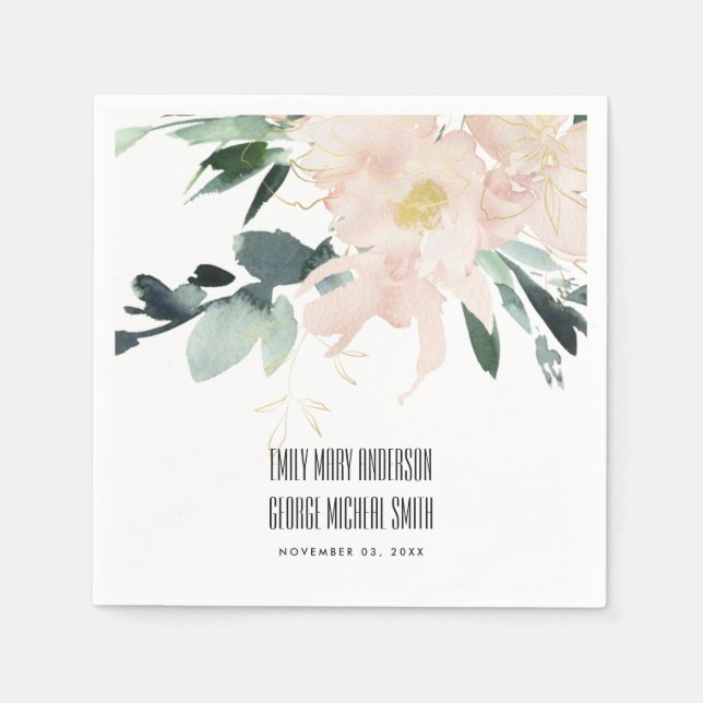 SOFT BLUSH GOLD FLORAL BUNCH WATERCOLOR WEDDING NAPKIN (Front)