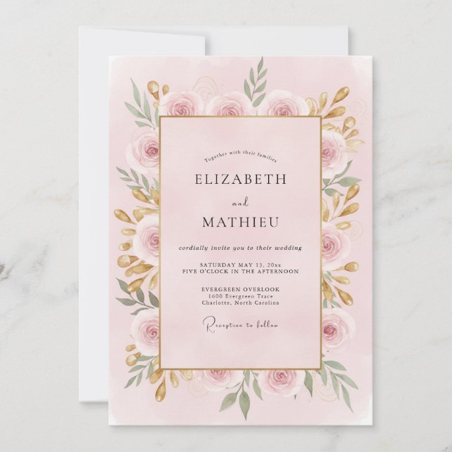 Soft Blush Gold Peony Wedding Invitation (Front)