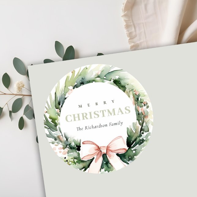 Soft Blush Green Christmas Wreath Watercolor Classic Round Sticker (Creator Uploaded)