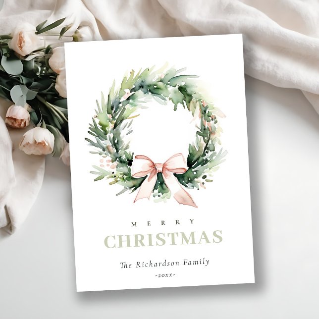 Soft Blush Green Christmas Wreath Watercolor Holiday Card (Creator Uploaded)