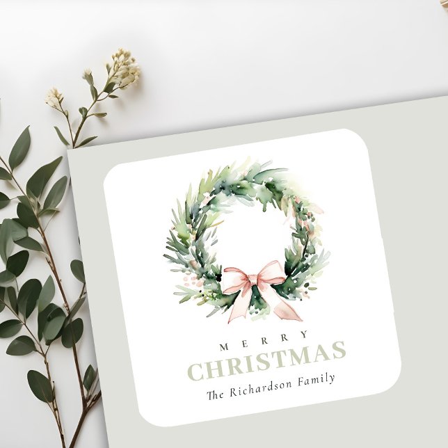 Soft Blush Green Christmas Wreath Watercolor Square Sticker (Creator Uploaded)